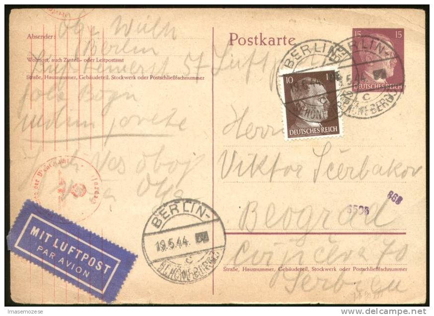 3rd REICH AIR MAIL POSTAL CARD 15 + 10 Pf. BERLIN TO BELGRADE 1944 - Briefe U. Dokumente