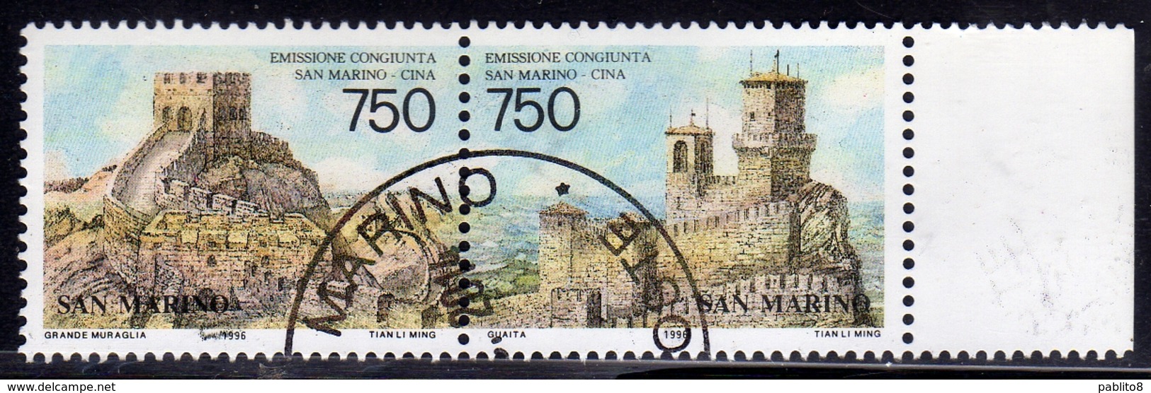 REPUBBLICA DI SAN MARINO 1996 RAPPORTI TRA S.MARINO E CINA RELATIONS WITH CHINA SERIE COMPLETA COMPLETE SET USATA USED - Gebraucht