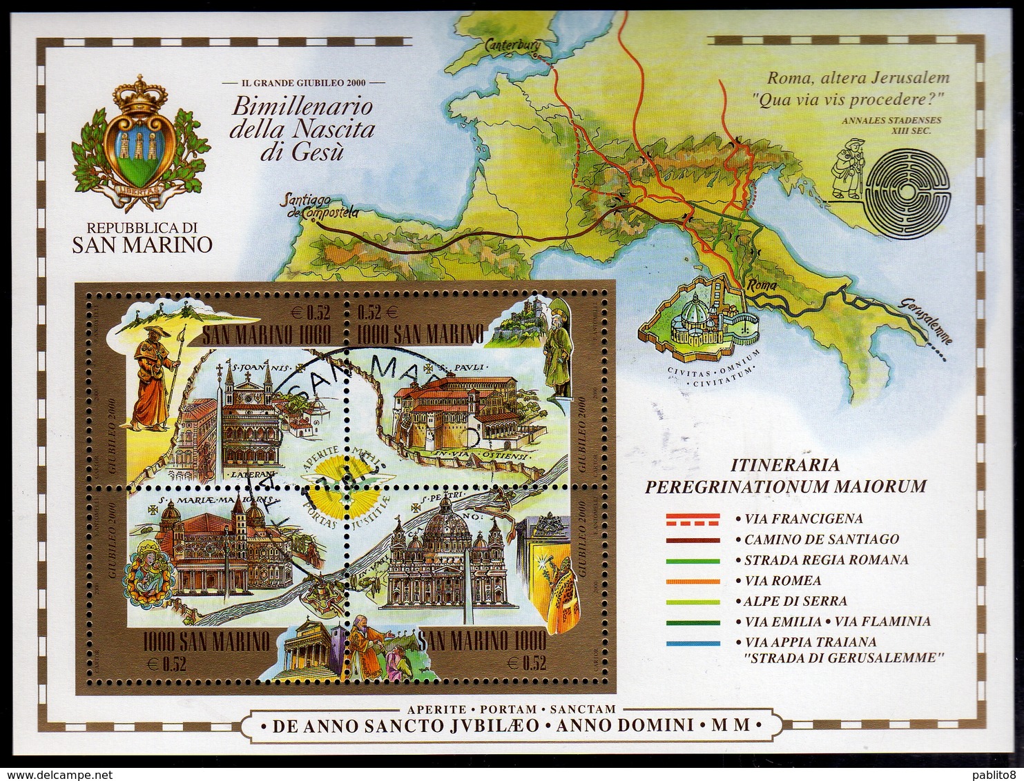 REPUBBLICA DI SAN MARINO 2000 GIUBILEO JUBILLEE BIMILLENARIO NASCITA GESÙ BLOCCO FOGLIETTO BLOCK SHEET BLOC USATO USED - Gebraucht