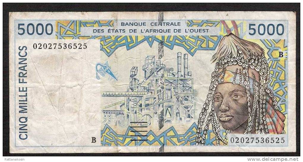 WAS  BENIN   P213Bl   5000  FRANCS   2002   Folds,NO P.h. ! FINE - Bénin