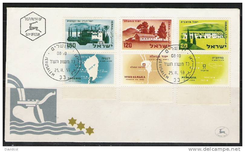 S743.-.ISRAEL .-. 1959 .-.SCOTT # : 165-167.-. FDC .-. SETTLEMENTS, MERHAVYA, YESUD HA-MAALA AND DEGANYA - Cartas & Documentos