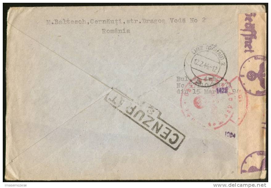 ROMANIA CERNAUTI CENSORED R-COVER TO LINZ 1944 - Besetzungen