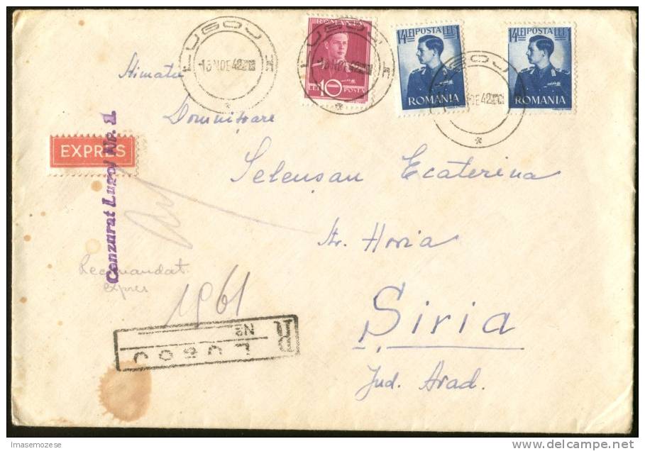 ROMANIA LUGOJ CENSORED EXPRESS R-COVER TO SIRIA 1942 - Ocupaciones