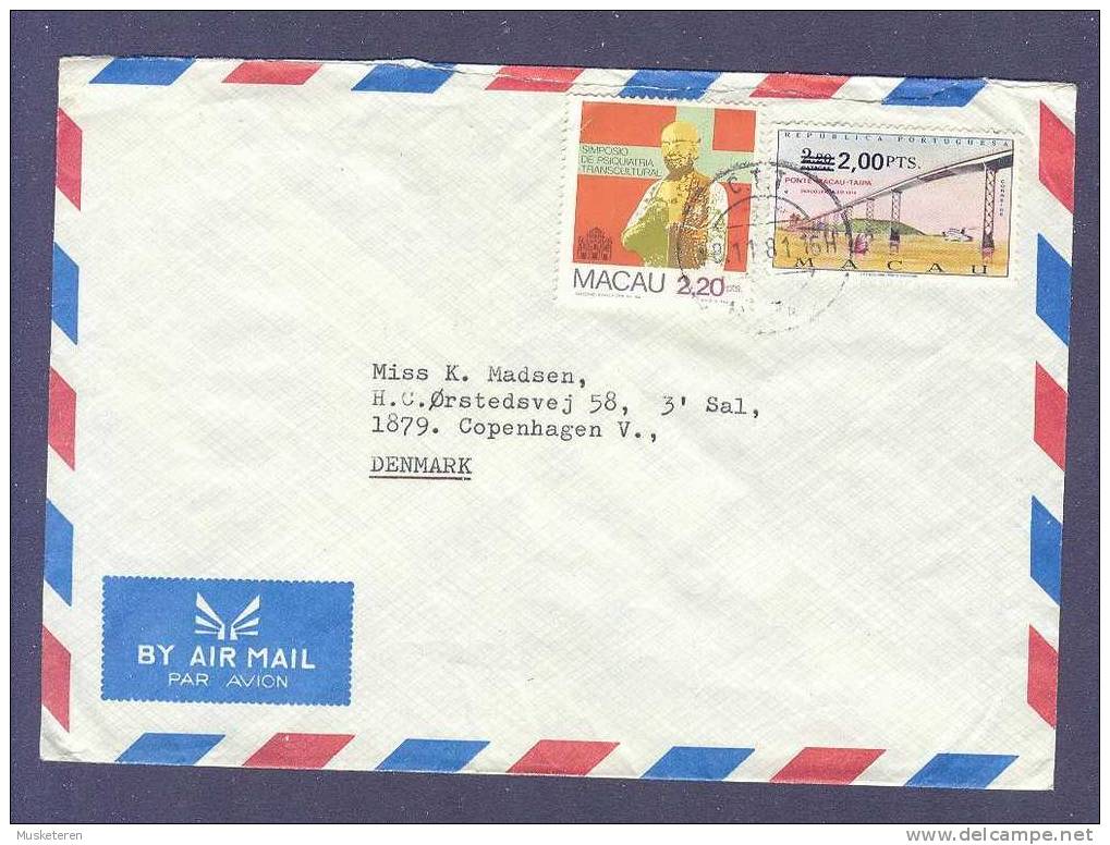 Macao Airmail Par Avion MACAU 1981 Cover To Copenhagen Denmark Ponte Macau-Taipa Bridge Brücke Overprinted - Briefe U. Dokumente