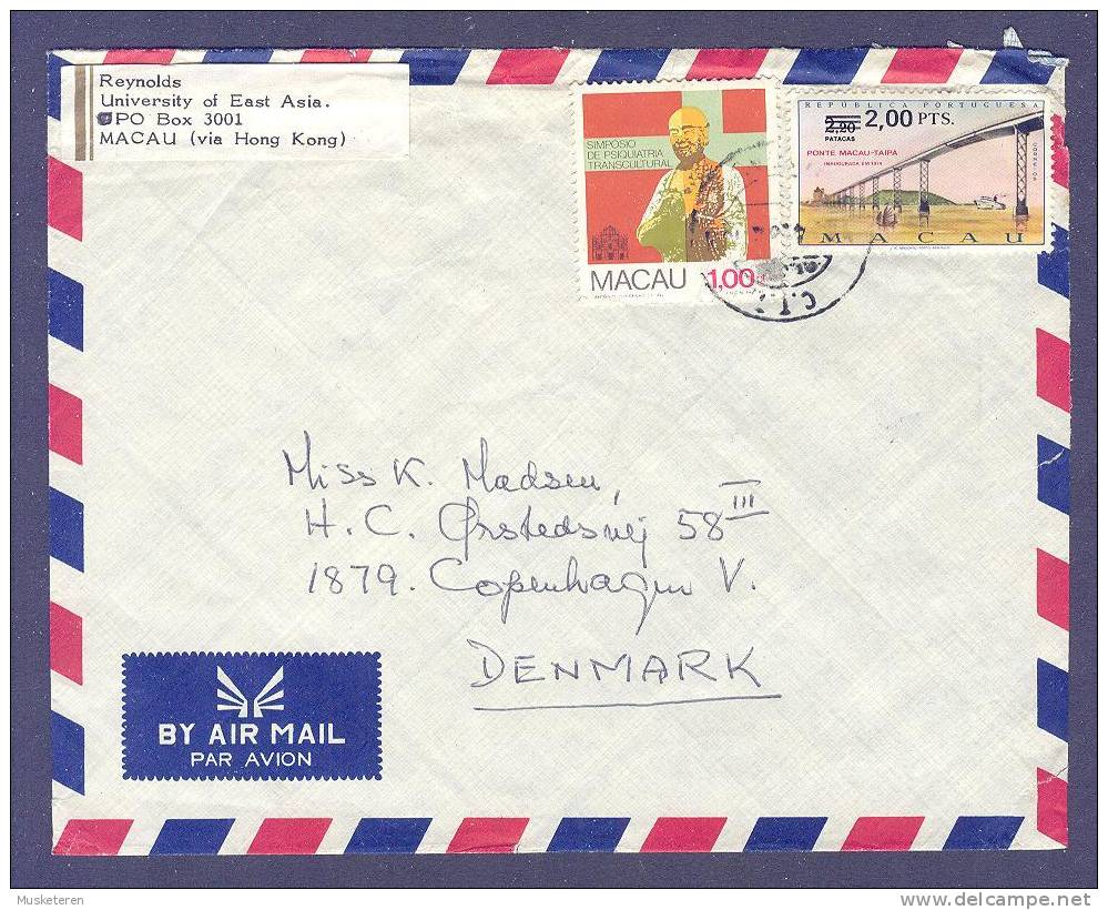 Macao Airmail Par Avion MACAU 1982? Cover To Copenhagen Denmark Pont  Macau-Taipa Bridge Brücke & Psykiatrie Symposium - Cartas & Documentos