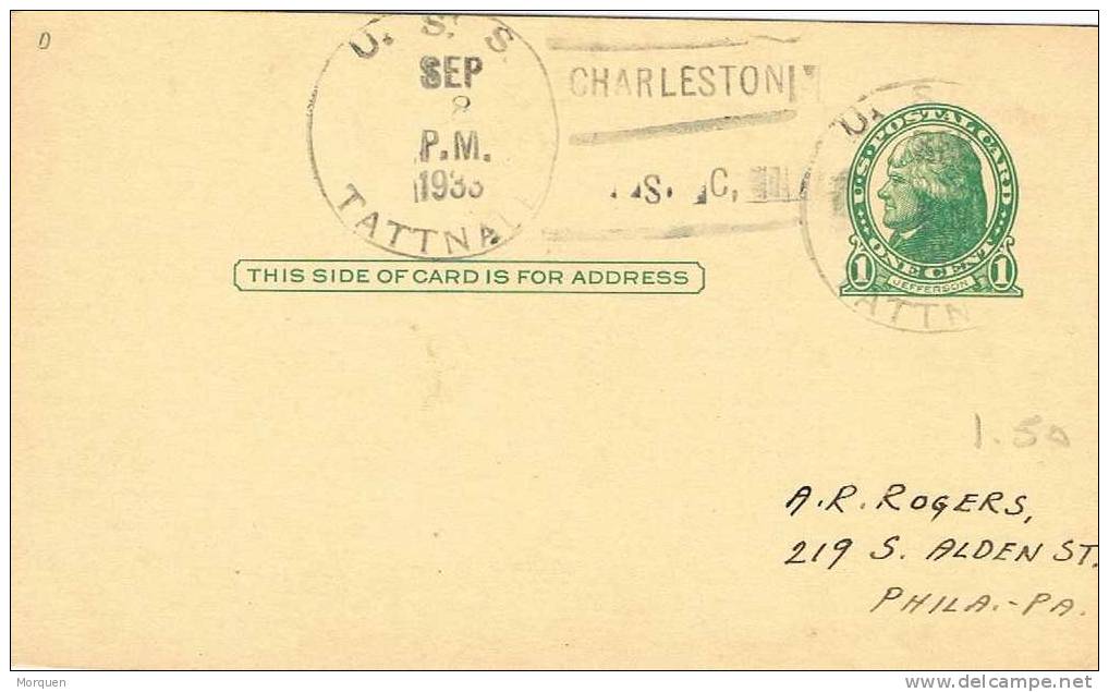 1155. Entero Postal CHARLESTON 1935. Ship. U.S.S. Tattnall - 1921-40