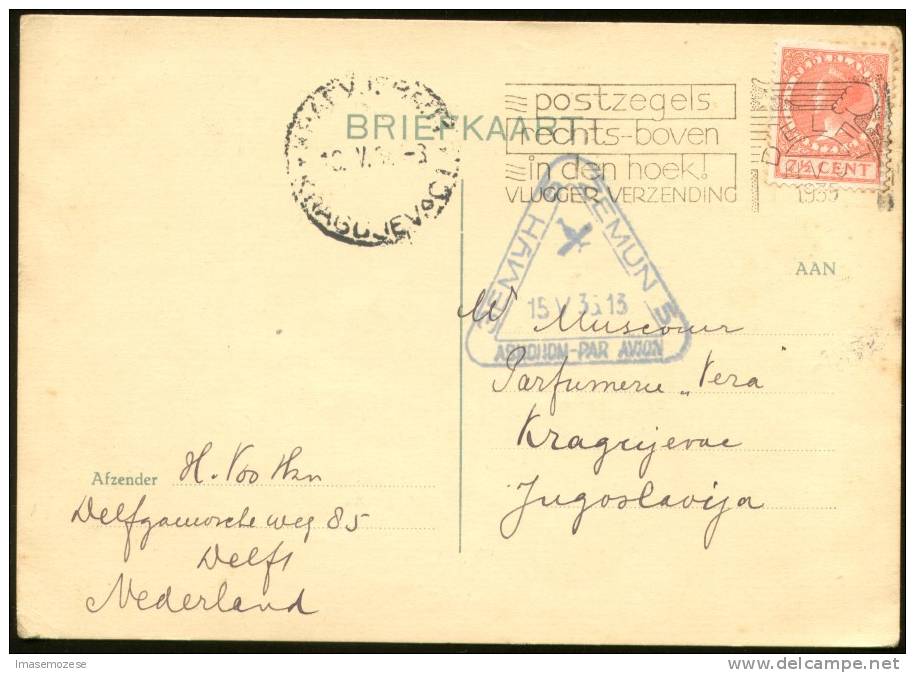 THE NETHERLANDS DELFT AIR MAIL POSTAL CARD TO SERBIA ZEMUN AIRPORT 1935 - Luchtpost