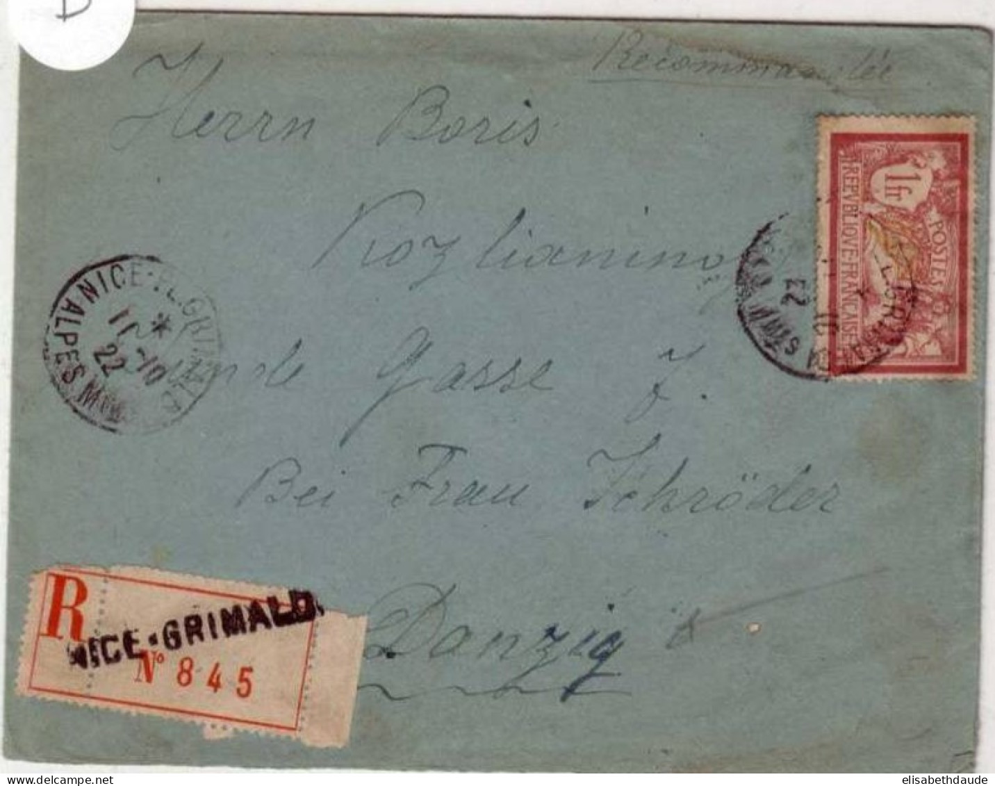 MERSON - 1922 - Yvert N°121 Seul Sur LETTRE RECOMMANDEE De NICE => DANZIG - DESTINATION RARE ! - 1900-27 Merson