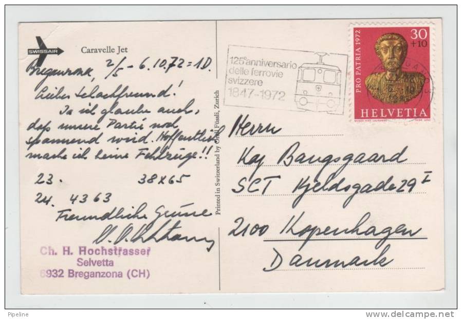 Switzerland Postcard Caravelle Jet Sent To Denmark Lugano 6-10-1972 (a Weak Corner In The Right Side) - Sent