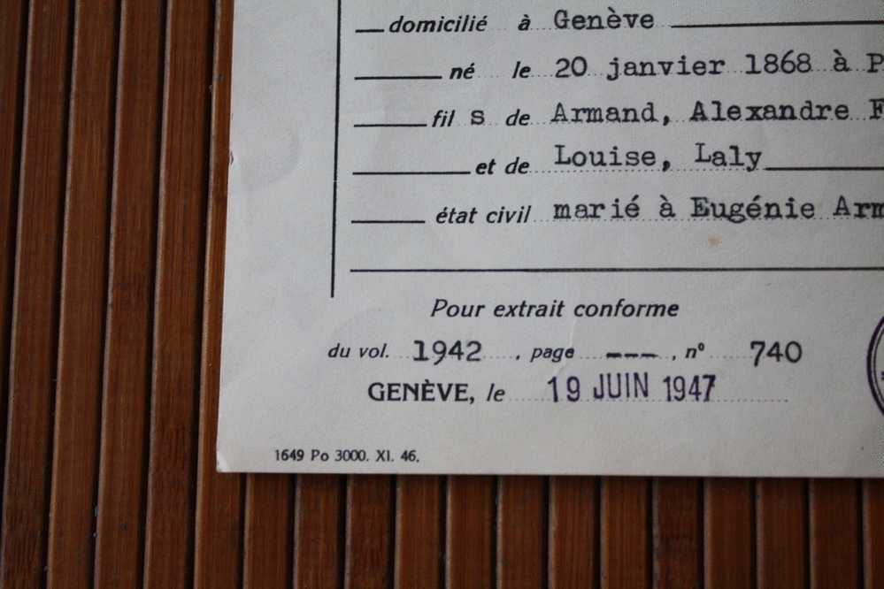 DOCUMENT + TIMBRE FISCAL EXTRAIT  Acte De Décés Du 10 Juin 1947  Etat Civil De Genéve SUISSE  DCD 1942 - Fiscaux