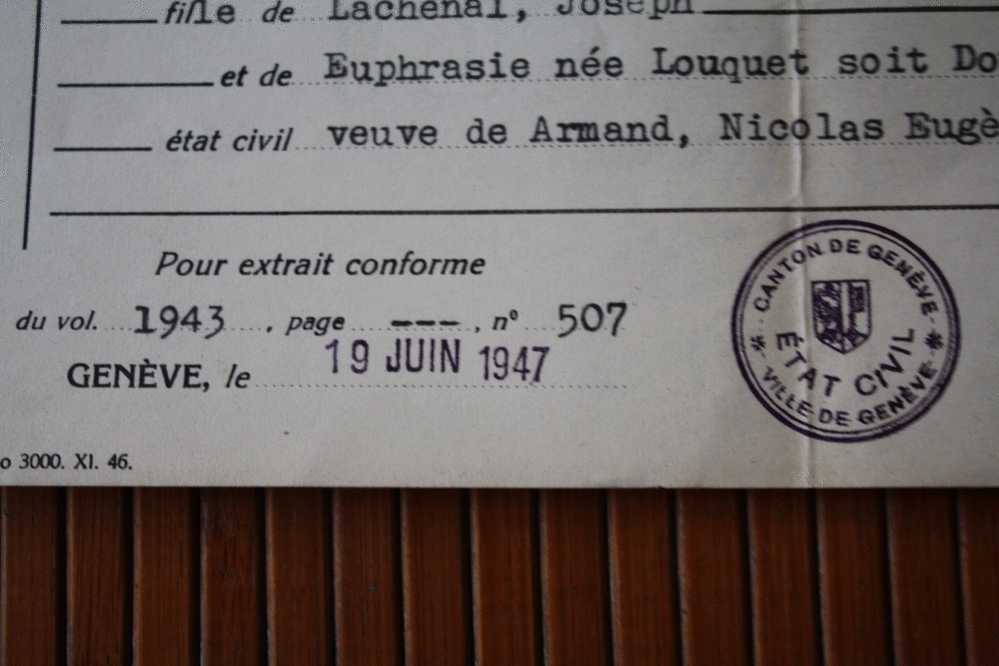 DOCUMENT + TIMBRE FISCAL EXTRAIT  Acte De Décés Du 10 Juin 1947  Etat Civil De Genéve SUISSE  DCD 1943 - Revenue Stamps