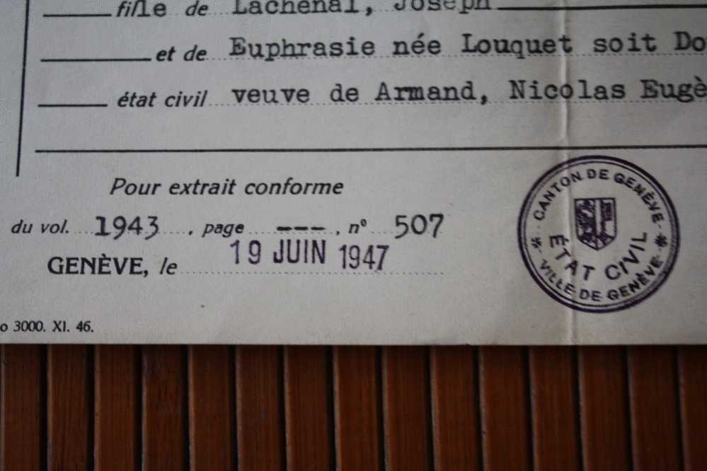 DOCUMENT + TIMBRE FISCAL EXTRAIT  Acte De Décés Du 10 Juin 1947  Etat Civil De Genéve SUISSE  DCD 1943 - Fiscale Zegels