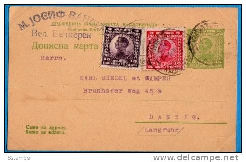 A-156  JUGOSLAVIA JUGOSLAWIEN  Kingdom  POSTAL CARD  PER GERMANIA DANZIG INTERESSANTE DREI FARBEN FRANKATUR - Entiers Postaux