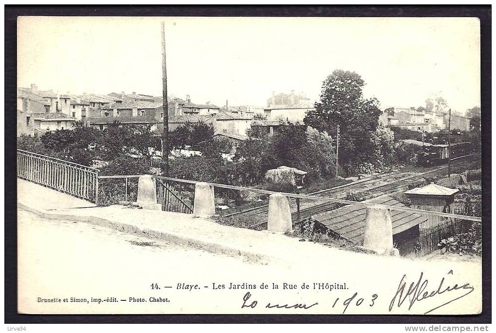 CPA  PRECURSEUR- FRANCE- BLAYES (33)- LES JARDINS DE LA RUE DE L'HOPITAL EN 1900 VUES DU PONT- VOIE FERREE AVEC TRAIN - Blaye