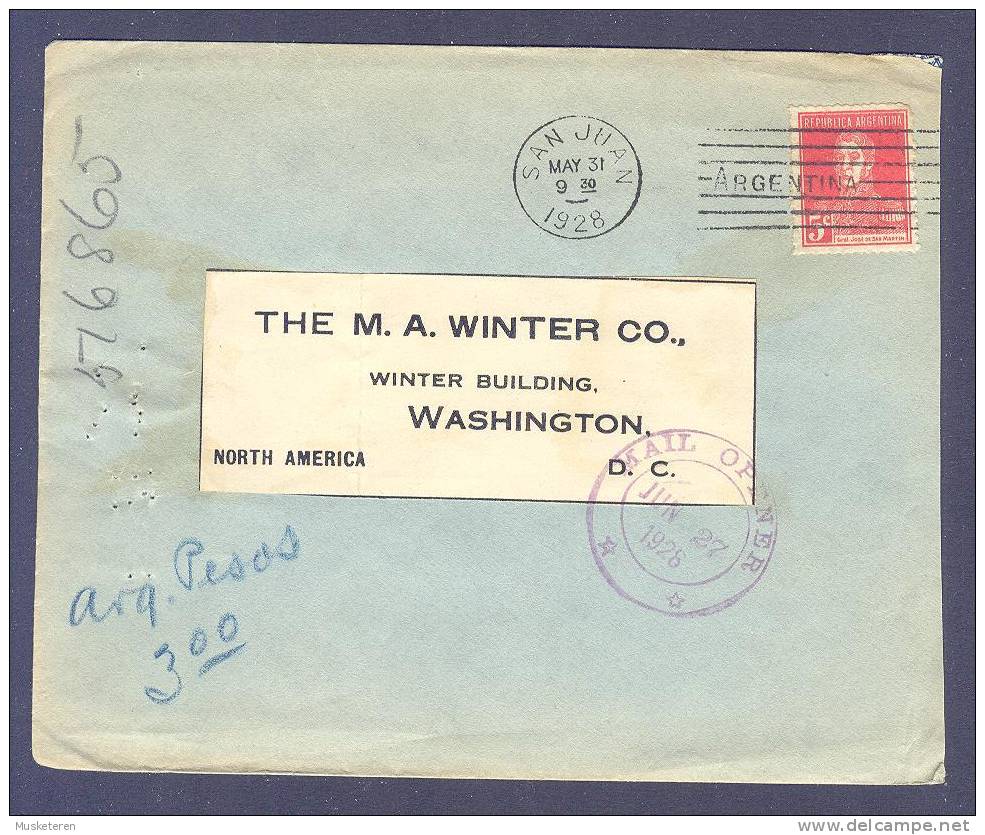 Argentina SASTRERIA PARIS Deluxe SAN JUAN "ARGENTINA" TMS Cancel 1928 Cover To Washington D. C. United States USA Seals - Cartas & Documentos