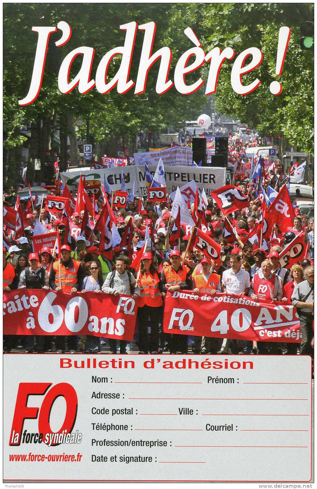 Carte Bulletin D´adhésion à FO, La Force Syndicale - J´adhère ! - 2 Scans - Labor Unions