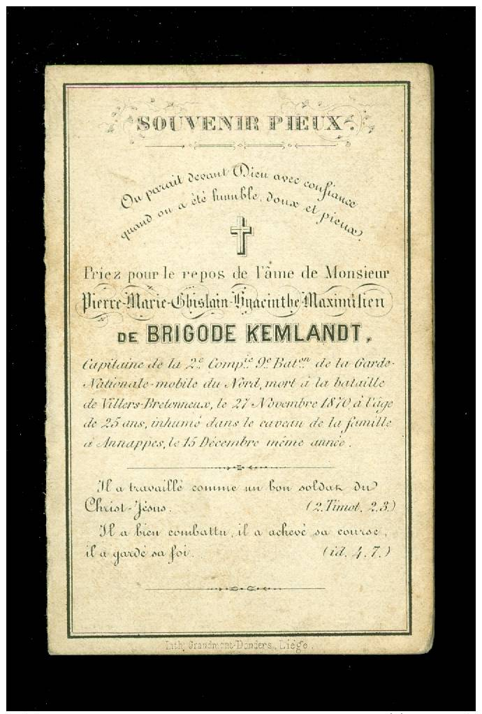 Doodsprentje ( 3186 ) Militair Soldat Soldaat De Brigode Kemlandt Capitaine Guerre Oorlog 1870 Villers - Bretonneux - Devotion Images