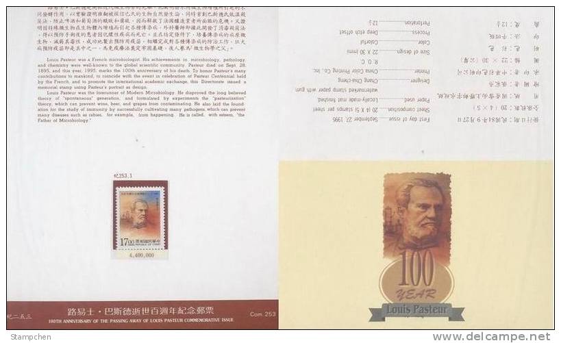 Folder Taiwan 1995 Louis Pasteur Stamp Medicine Microbiology Health Microbiologist Famous - Unused Stamps