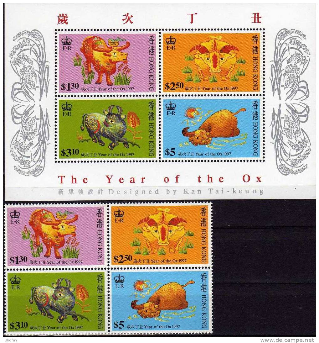 Jahr des Ochsen 1997 Hongkong 785/8, ZD plus Block 45 ** 12€ Chinesisches Neujahr Stickerei bloc sheet from HONG KONG