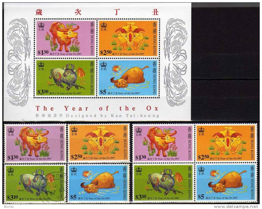 Jahr des Ochsen 1997 Hongkong 785/8, ZD plus Block 45 ** 12€ Chinesisches Neujahr Stickerei bloc sheet from HONG KONG