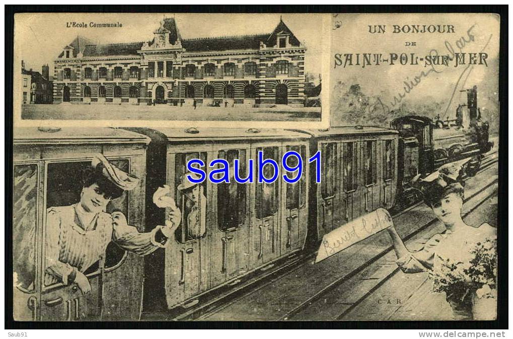 Saint-Pol-sur-Mer - Un Bonjour De Saint-Pol-sur-Mer -  L'Ecole Communale -Train à Vapeur -Réf : 9980 - Saint Pol Sur Mer