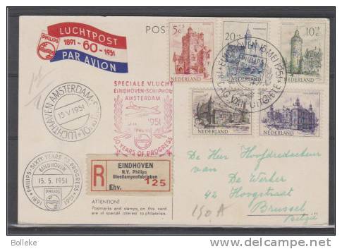 Pays Bas  -  Carte Postale Recommandée De 1951  -  Vol Spécial Eindhoven - Amsterdam- Valeur Timbres Obitéres  =24 Euros - Cartas & Documentos