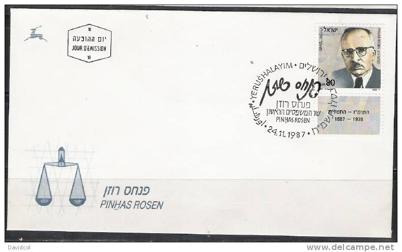 S721.-.ISRAEL .-. 1987 .-.SCOTT # 974.-. FDC .-.  PINHAS ROSEN - Storia Postale