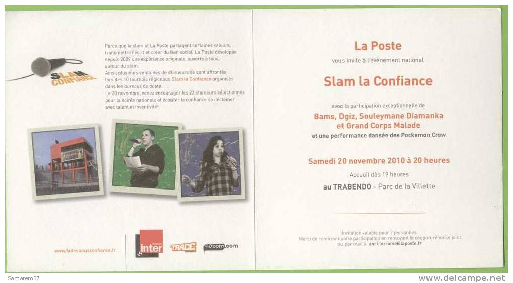 Ticket Billet Bilhete Invitation Convite Slam La Confiance Au Trabendo Parc De La Villete 20/11/2010 FRANCE - Biglietti D'ingresso