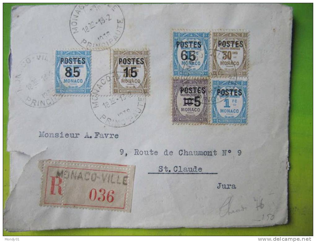 259 Timbre Taxes Surchargés Recommandé 1938 Registered Principauté Monaco Ville Cad Sainte Claude Jura France - Postmarks