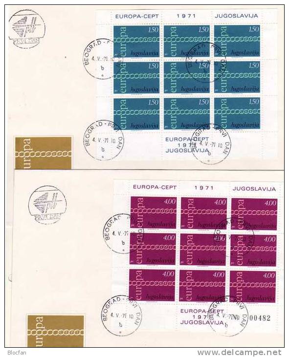 CEPT 1971 Jugoslawien 1416/7 2x9-KB SST 30€ Auf 2xFDC Ketten-Motiv Zur Kooperation In EUROPA Bf Sheetlet Of YUGOSLAVIA - Lettres & Documents