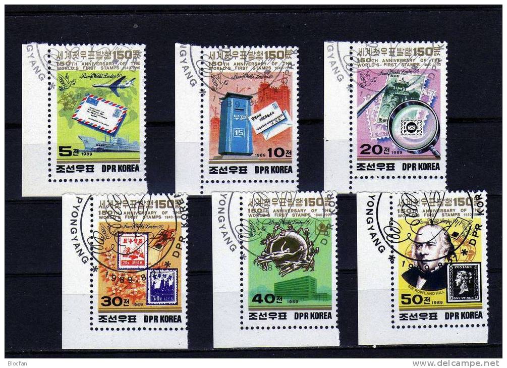 150 Jahre Briefmarken London 1990 Korea 3044/9, 4-Block Plus Block 253 O 13€ STAMP-WORLD Sir Roland Hill Stamp UK #1 - Corea (...-1945)