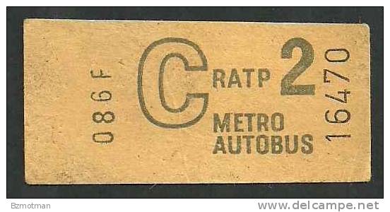 FRANCE Y74 Paris RATP Metro Autobus 2me Class Tarif C - Europa