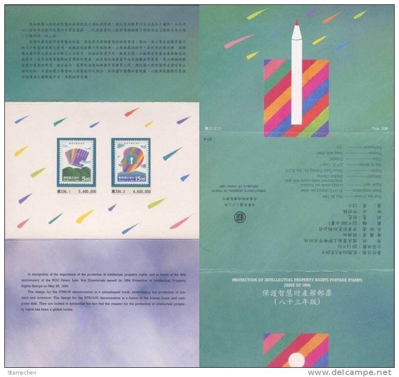 Folder Taiwan 1994 Intellectual Property Rights Stamps Computer Disk Brain Book Globe - Ungebraucht