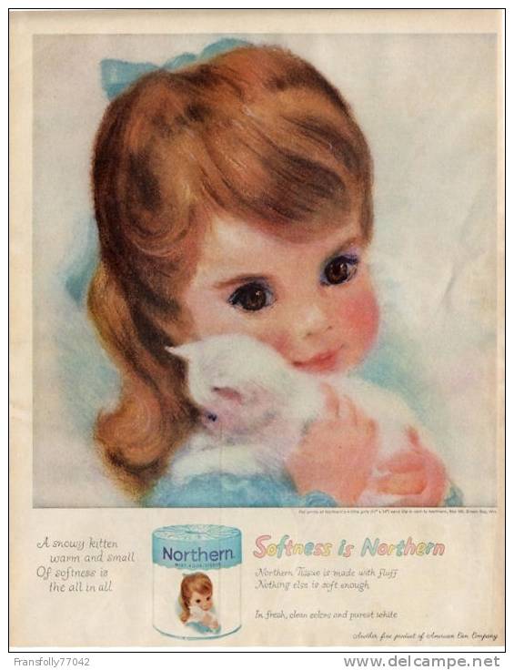 LITHOGRAPH OF Beautiful LITTLE GIRL W KITTEN By FRANCES HOOK For NORTHERN PAPER MILLS Advertising 1960 - Lithographies