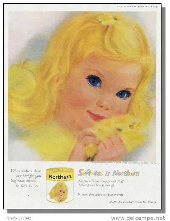 LITHOGRAPH OF Beautiful LITTLE GIRL W YELLOW POSY By FRANCES HOOK For NORTHERN PAPER MILLS Advertising 1960 - Lithographies