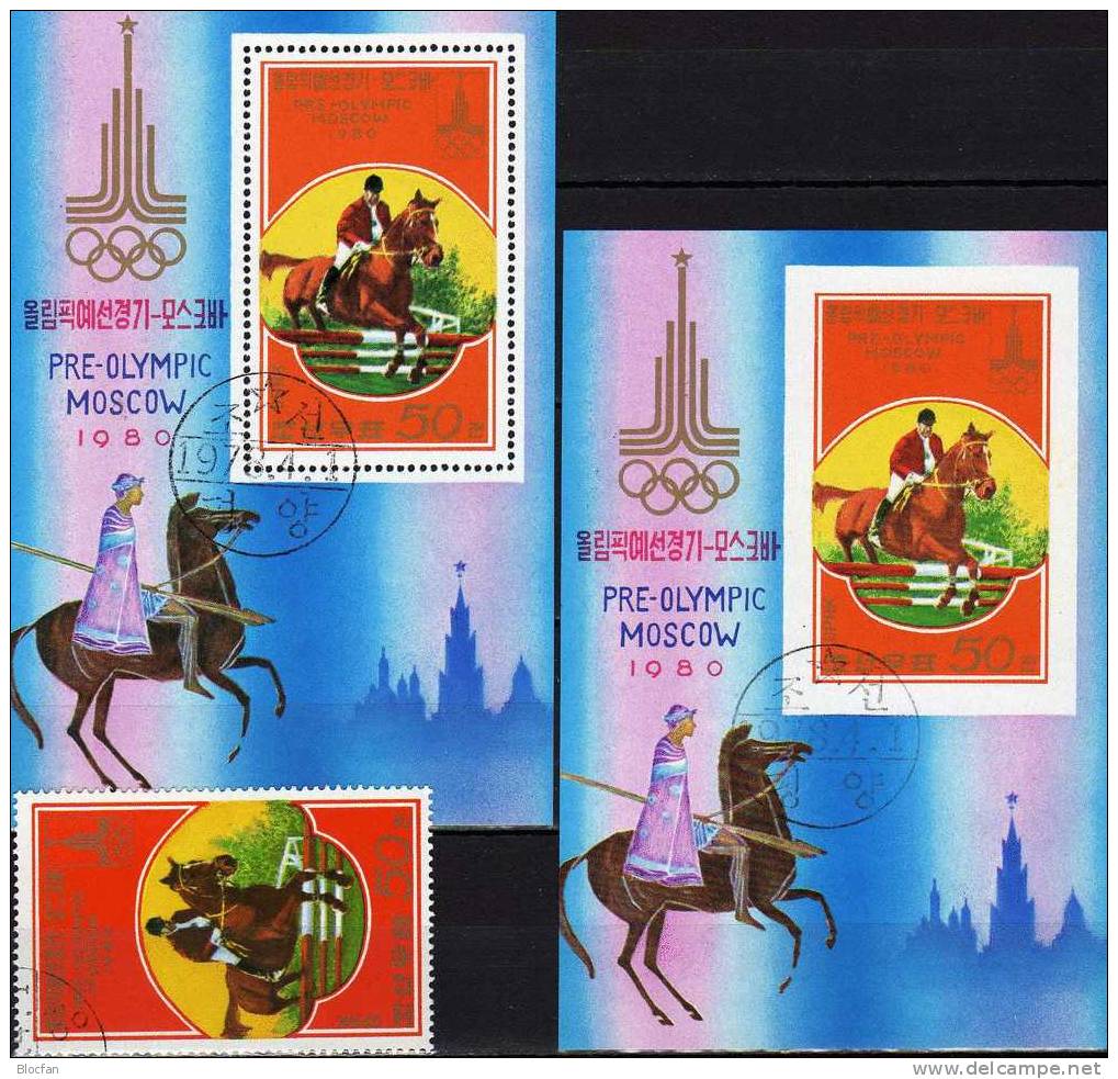 Reitsport Zur Olympiade Moskau 1980 Korea 1713A, Block 47 A Plus B O 7€ Olympic Springreiten Bloc Sheet From Coree KVDR - Militaria