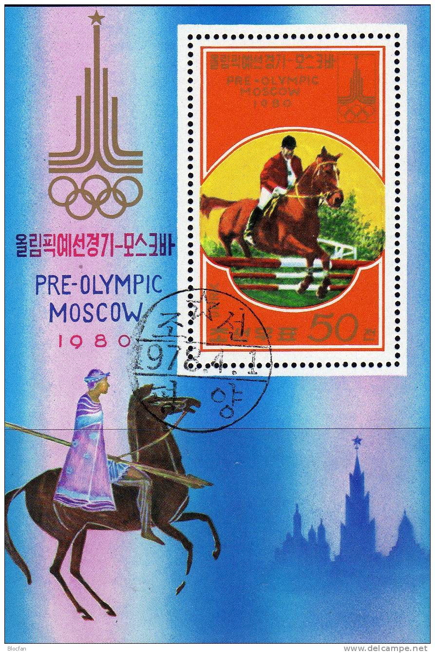Reitsport Zur Olympiade Moskau 1980 Korea 1713A, Block 47 A Plus B O 7€ Olympic Springreiten Bloc Sheet From Coree KVDR - Militaria
