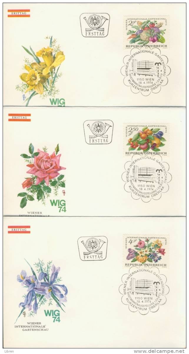 AUTRICHE, AUSTRIA 1974 FDC YV 1274-1276 FLOWERS, FLEURIS, FLORES, BLUMEN, BLOEMEN. BLANC. VERY FINE QUALITY. - FDC