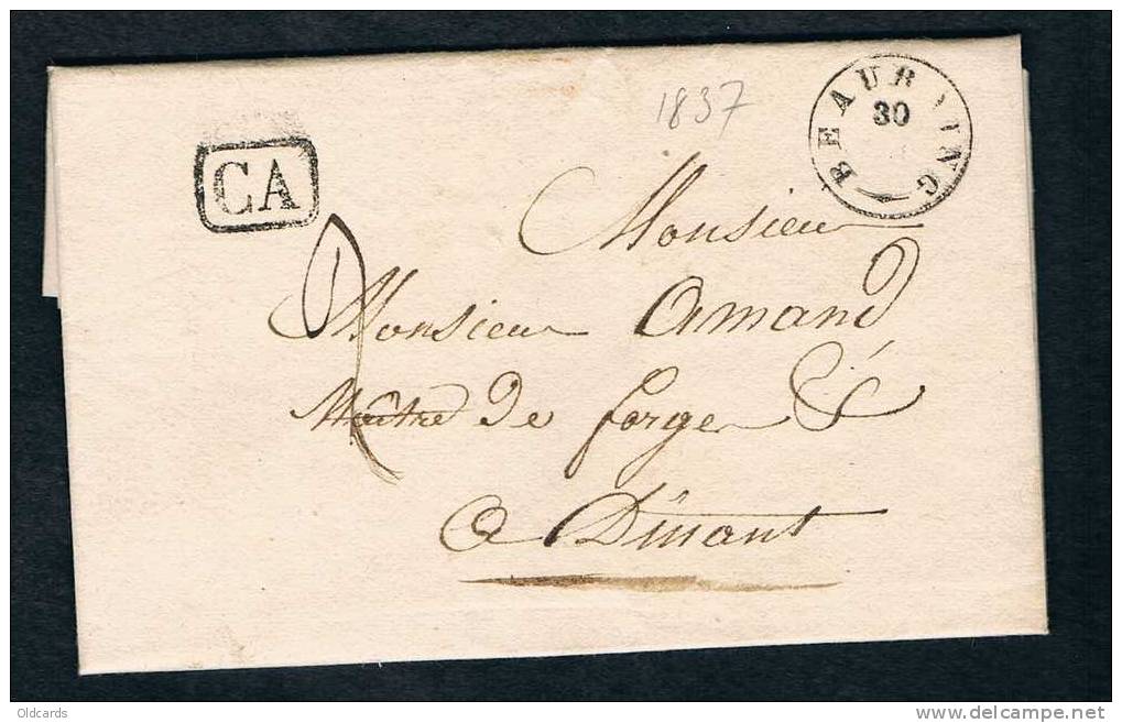 Belgique Précurseur 1837 Lettre Datée De SOMIER Avec T18 "BEAURAING" + CA - 1830-1849 (Unabhängiges Belgien)