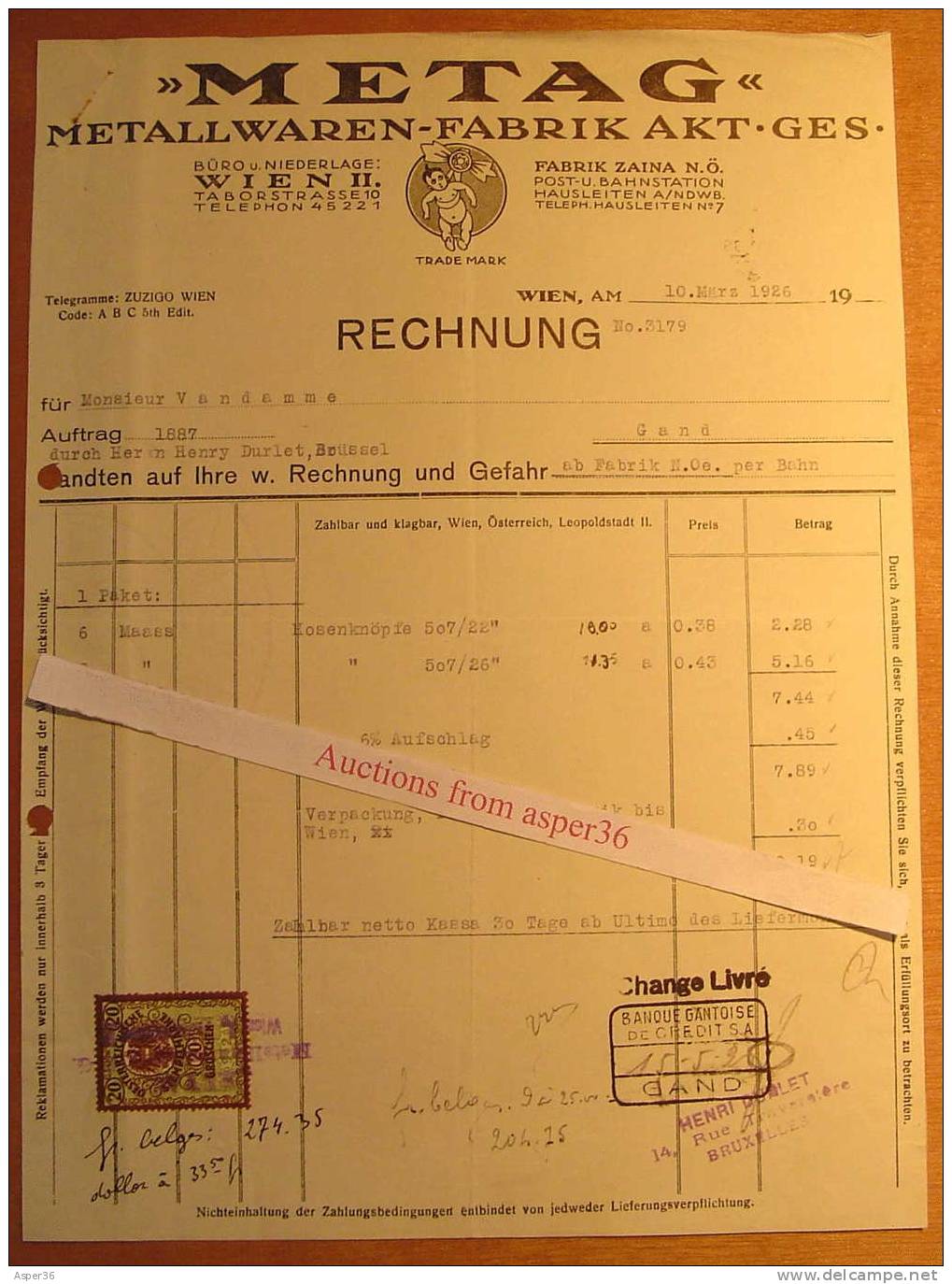 Metallwaren-Fabrik Metag, Wien 1926 - Oostenrijk