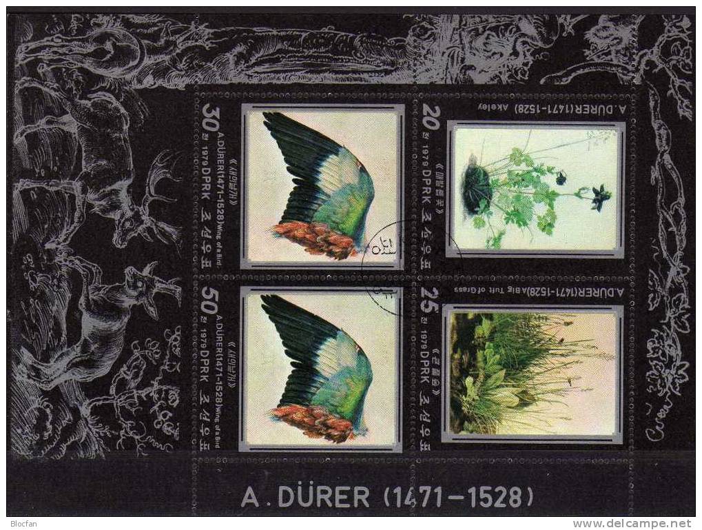 Dürer Gemälde 1979 Korea Nord Corea 1853/6+Kleinbogen O 17€ Pfingstrosen Akalei Grasbüschel Nebelkrähe Sheetlet Bf Coree - Korea (...-1945)