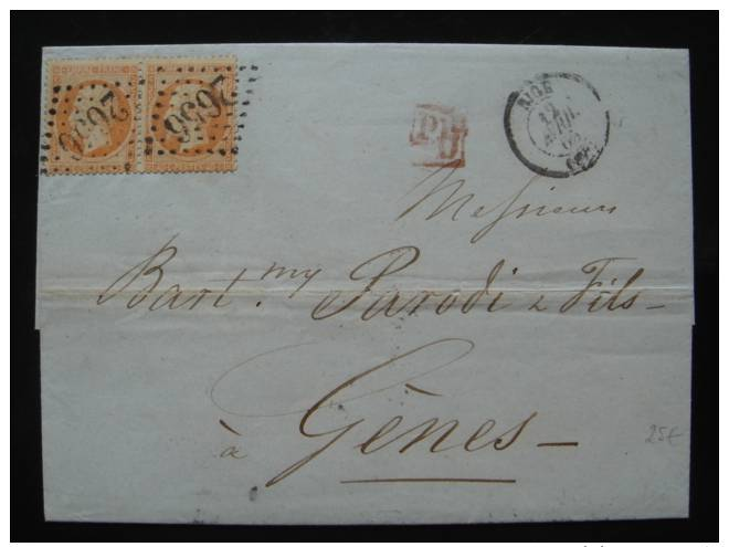 Paire Du No 31 Obl. 2656 Nice Sur Lettre Pour L´Italie - 1849-1876: Période Classique