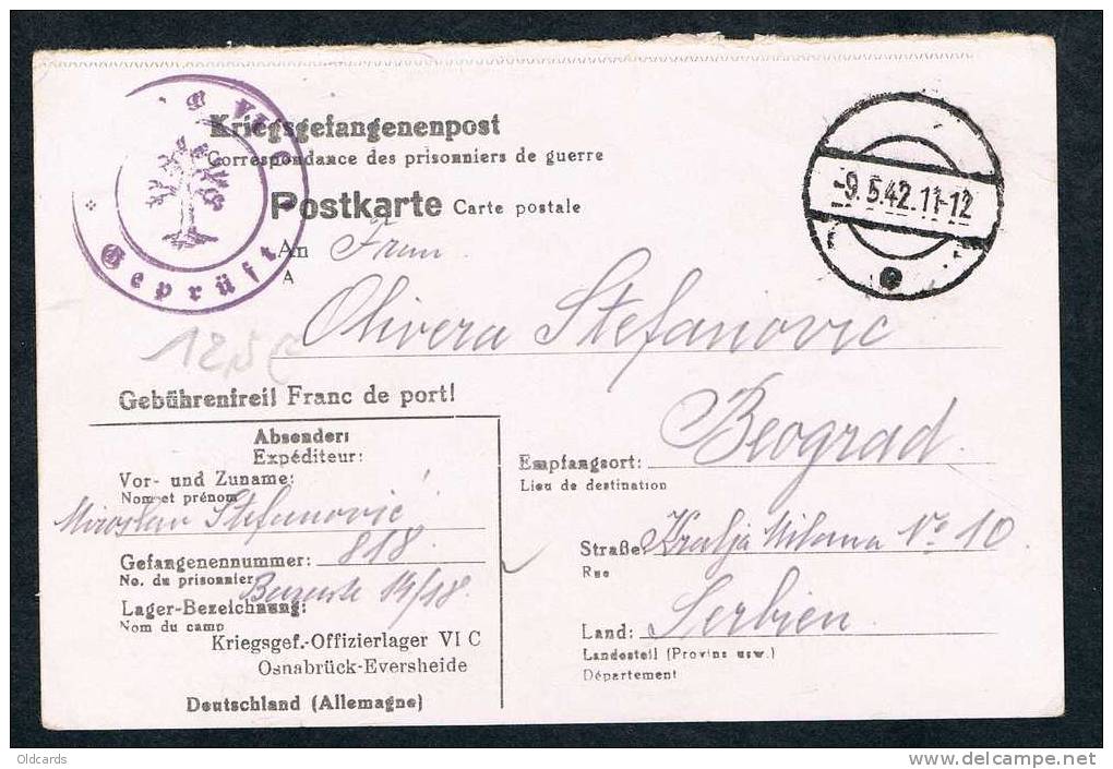 Formulaire De Prisonniers /1942 Avec Censure Illustrée "ARBRE" De L'Officizierlager Vlc Vers La Serbie. - Lettres & Documents