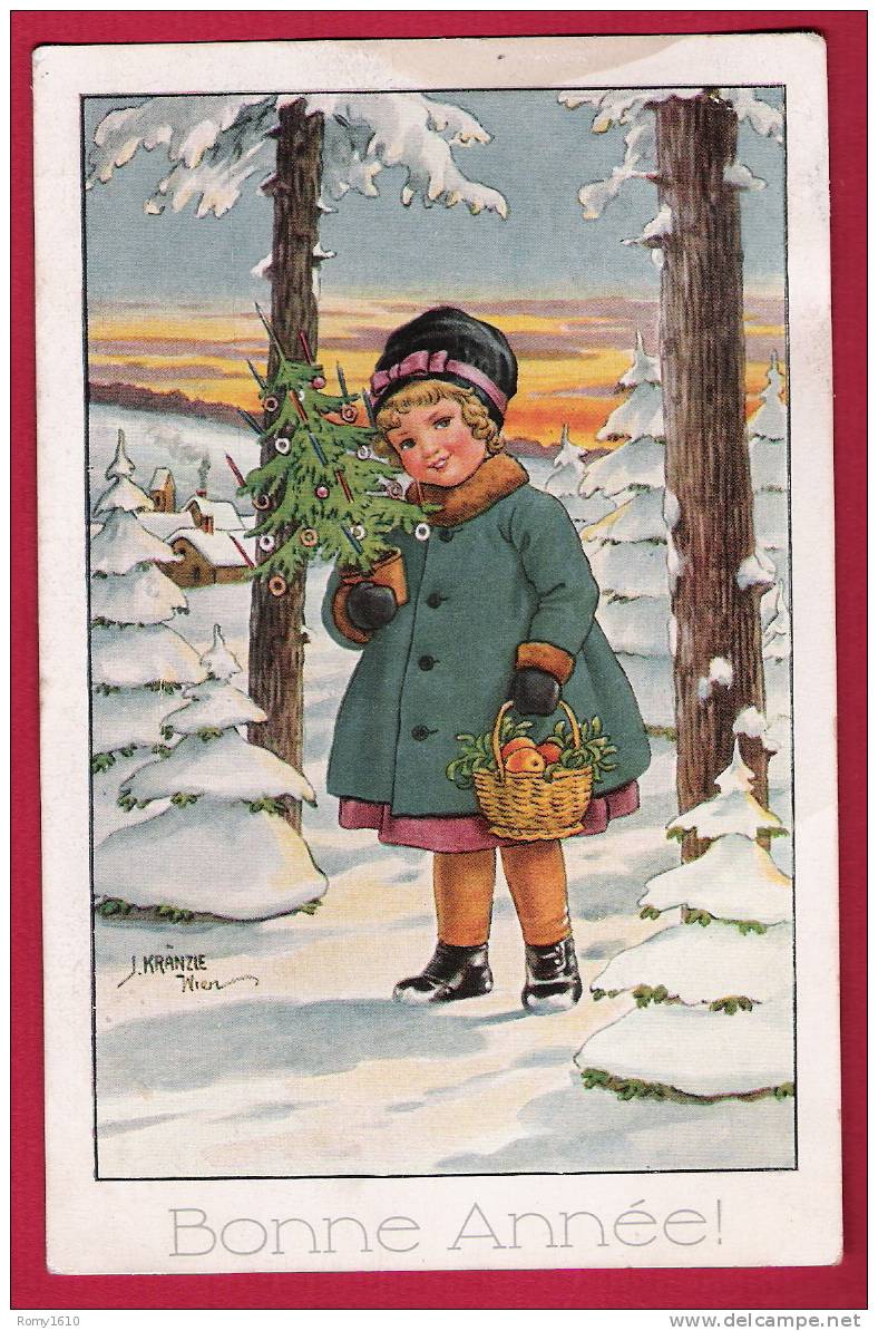 J. Kraenzle - Bonne Année. Petite Fille  Dans La Neige, Avec Arbre De Noël Et Panier De Fruit. - Kraenzle