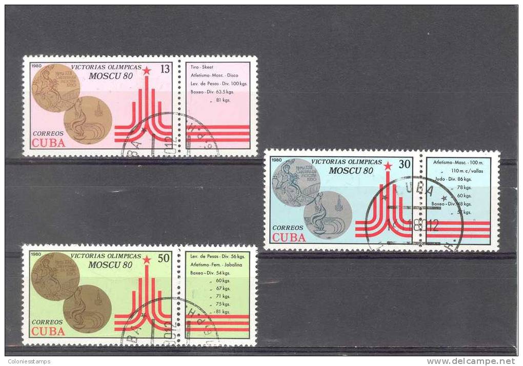 (S1267) CUBA, 1980 (Summer Olympic Games, Moscow 1980. Cuban Winners). Complete Set + Labels. Mi ## 2515-2517. Used - Used Stamps