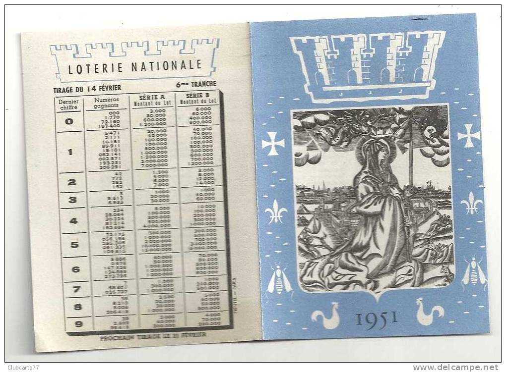 Calendriers Lterie Nationale De 1951 (2 Volets). - Petit Format : 1941-60