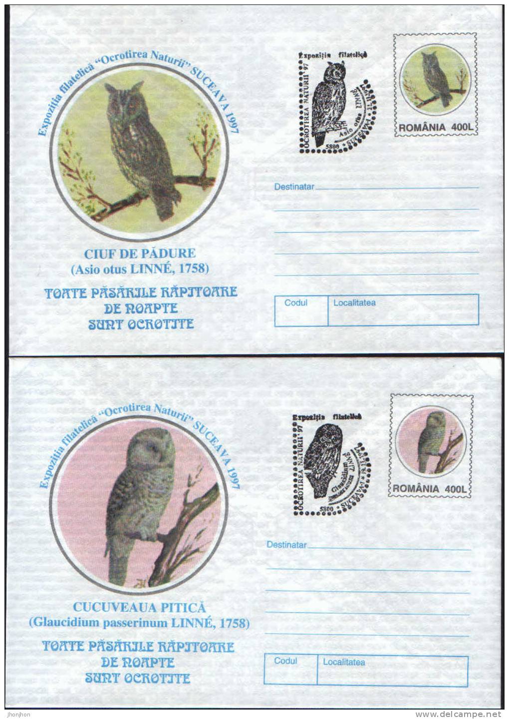 Roumanie-Entiers Postaux Avec Cachetes Speciaux - Oiseaux De Nuit De Proie - Owls
