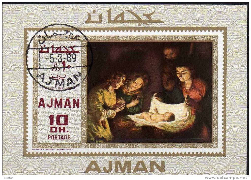 Weihnachten 1969 VAE Ajman 455/6, Block 137 Plus 138 O 8€ Christmas Gemälde Maler Murillo, Houthorst Sheet From Arabia - Adschman