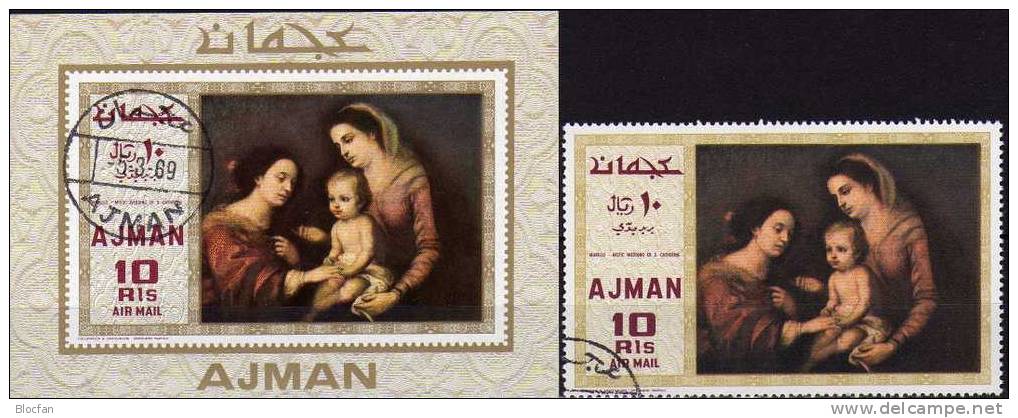 Weihnachten 1969 VAE Ajman 455/6, Block 137 plus 138 o 8€ Christmas Gemälde Maler Murillo, Houthorst sheet from Arabia