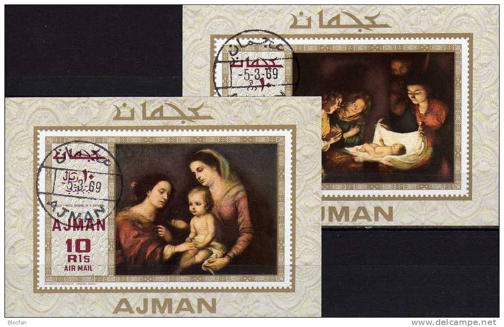 Weihnachten 1969 VAE Ajman 455/6, Block 137 plus 138 o 8€ Christmas Gemälde Maler Murillo, Houthorst sheet from Arabia